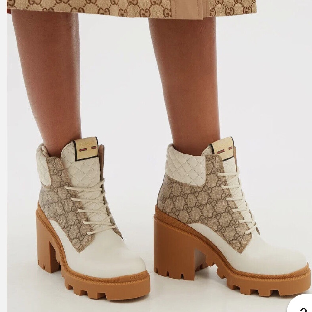 Gucci GG Canvas Quilted Leather Platform Boots – Ivory/Tan - Picture 5 of 16